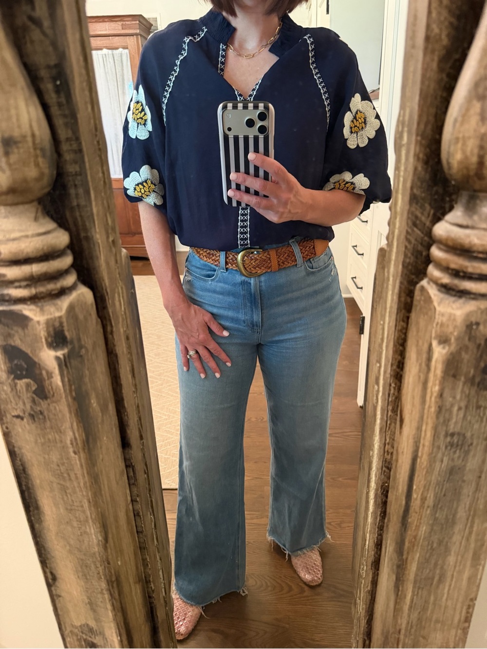 THML Navy Embroidered Sleeve Top